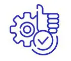 A blue icon of a hand with thumb up next to gears.