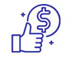 A blue icon of a hand holding up a dollar sign.