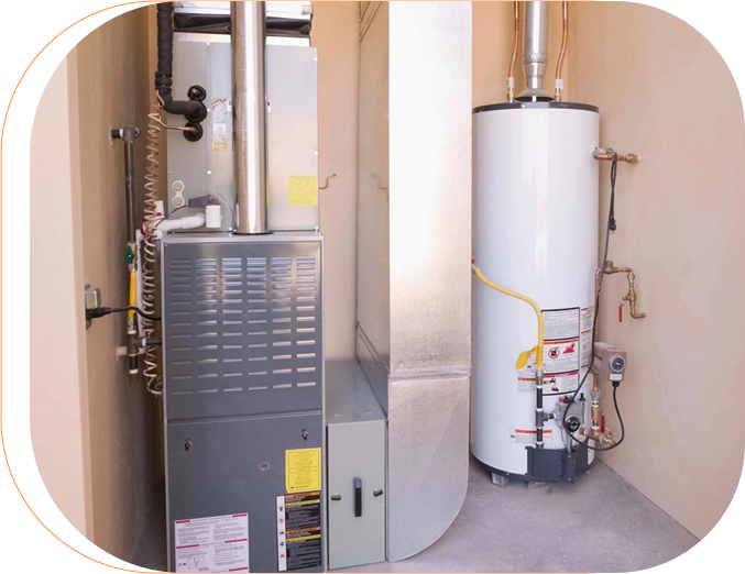 A gas furnace and water heater in a room.