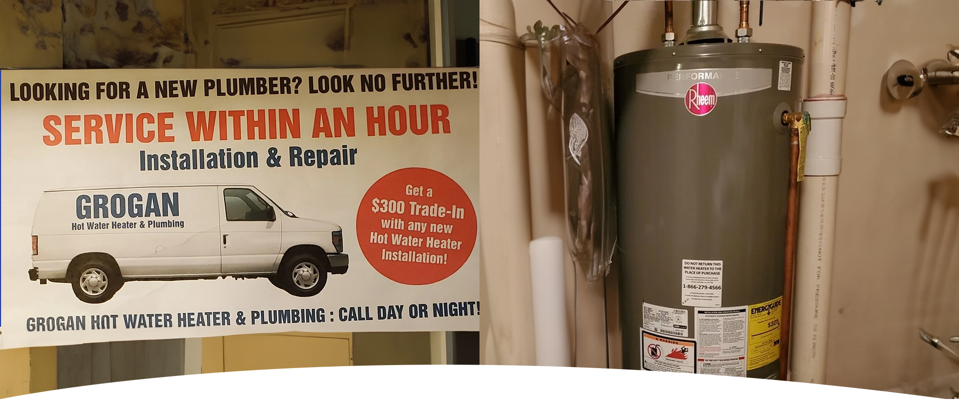A sign advertising an hour of repair for a water heater.